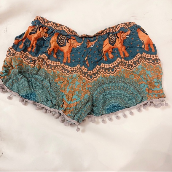 Thai Retro Blue Orange Elephant Shorts - Picture 2 of 4